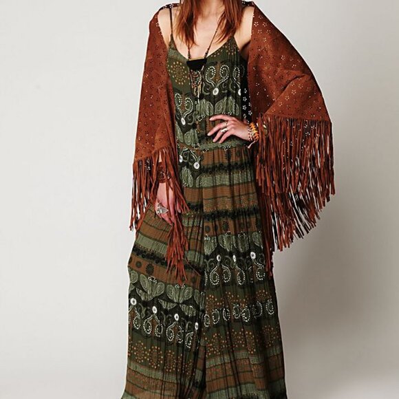 XS Free People NWT Emerald Rust Jumpsuit wide legs dress maxi crinkled - Picture 2 of 10